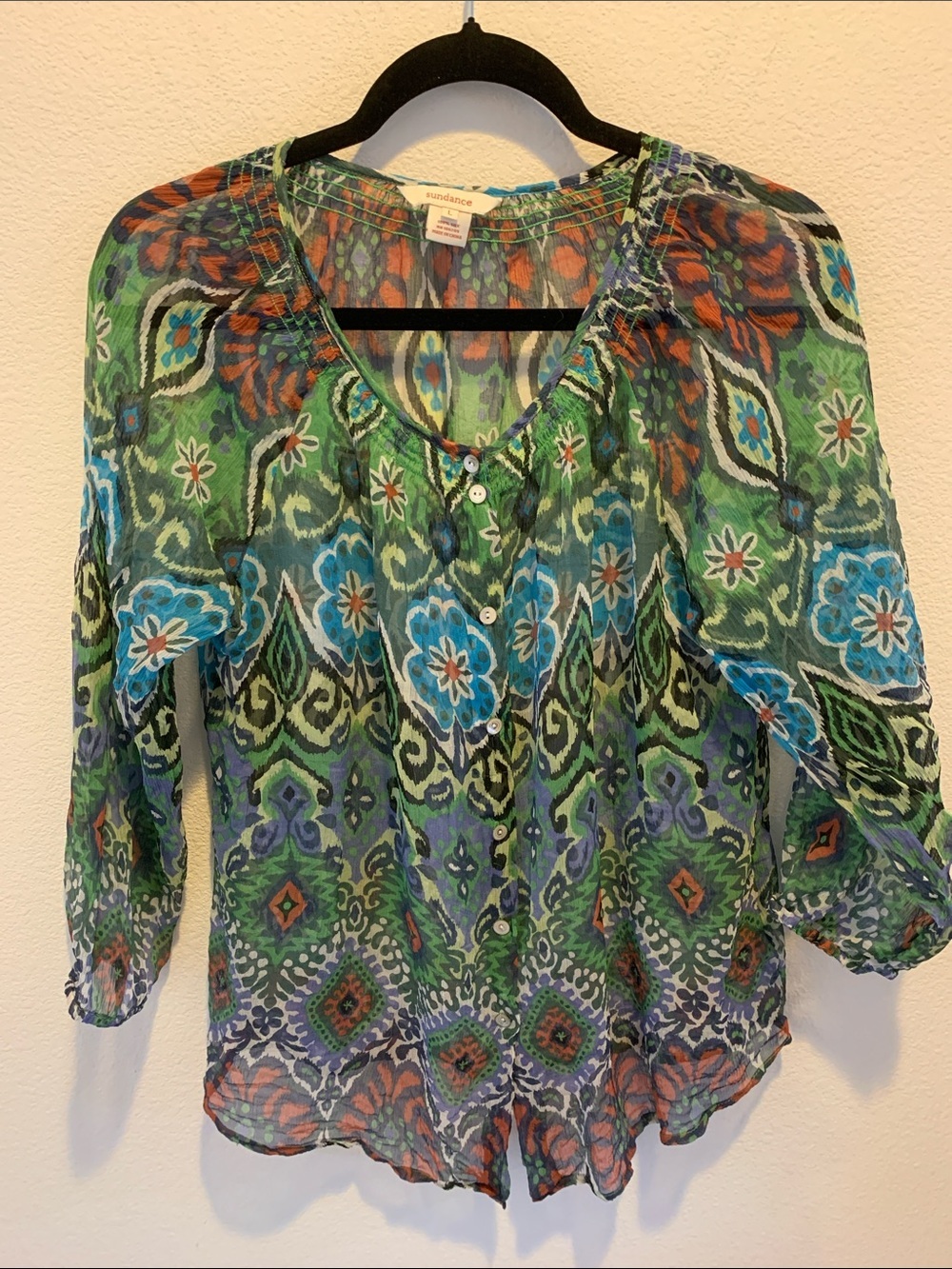 Sundance 100%Silk Abstract Semi Sheer Top Vibrant Bohemian Aesthetic L
